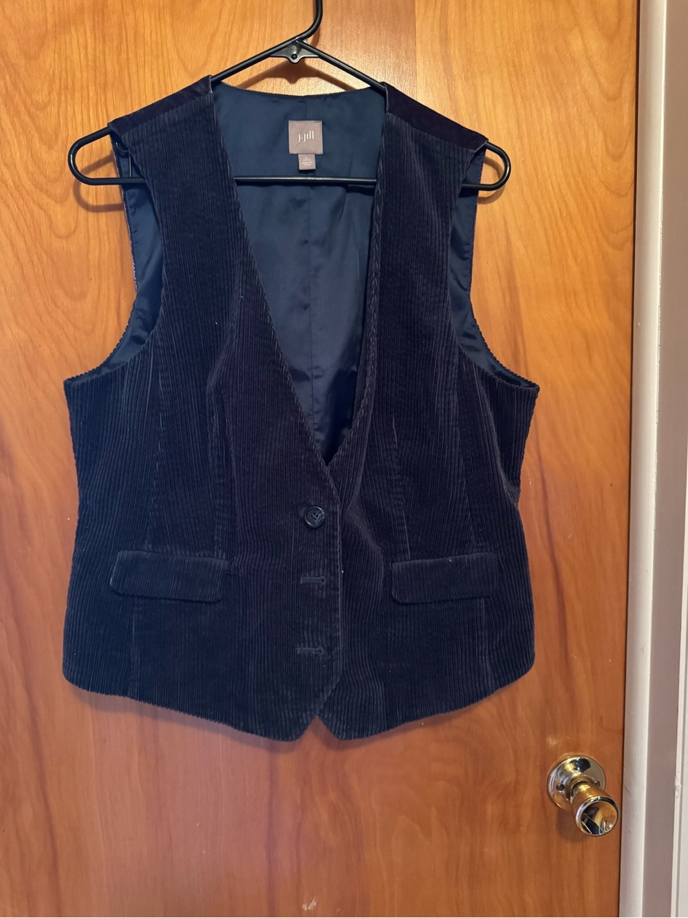 J Jill Petite Large Corduroy Velvet Vest Navy teal Blue Button Front Lined Boho